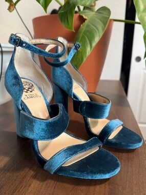 Vince Camuto Vero Cuoio Teal Velvet Block Heel Sandals with Ankle Strap